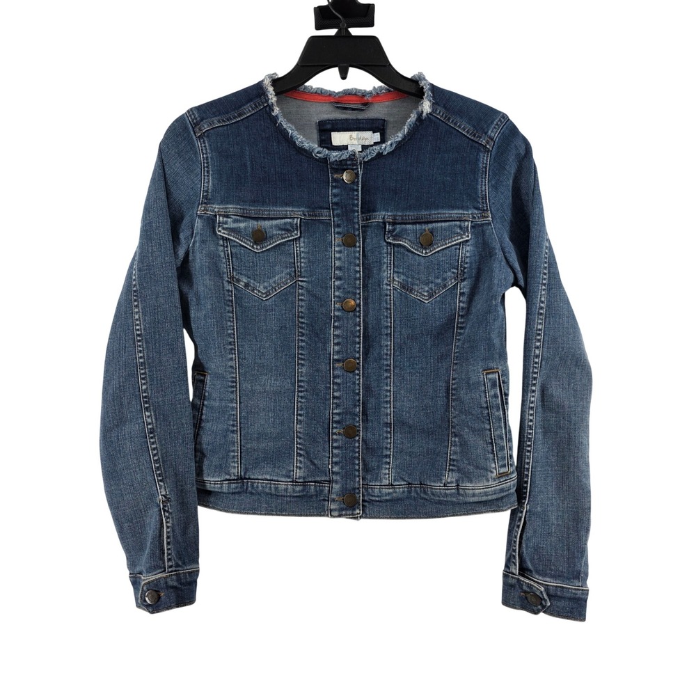 Boden Blue Frayed Collarless Denim Jacket Womens Size 8 Stretch Jean Coat